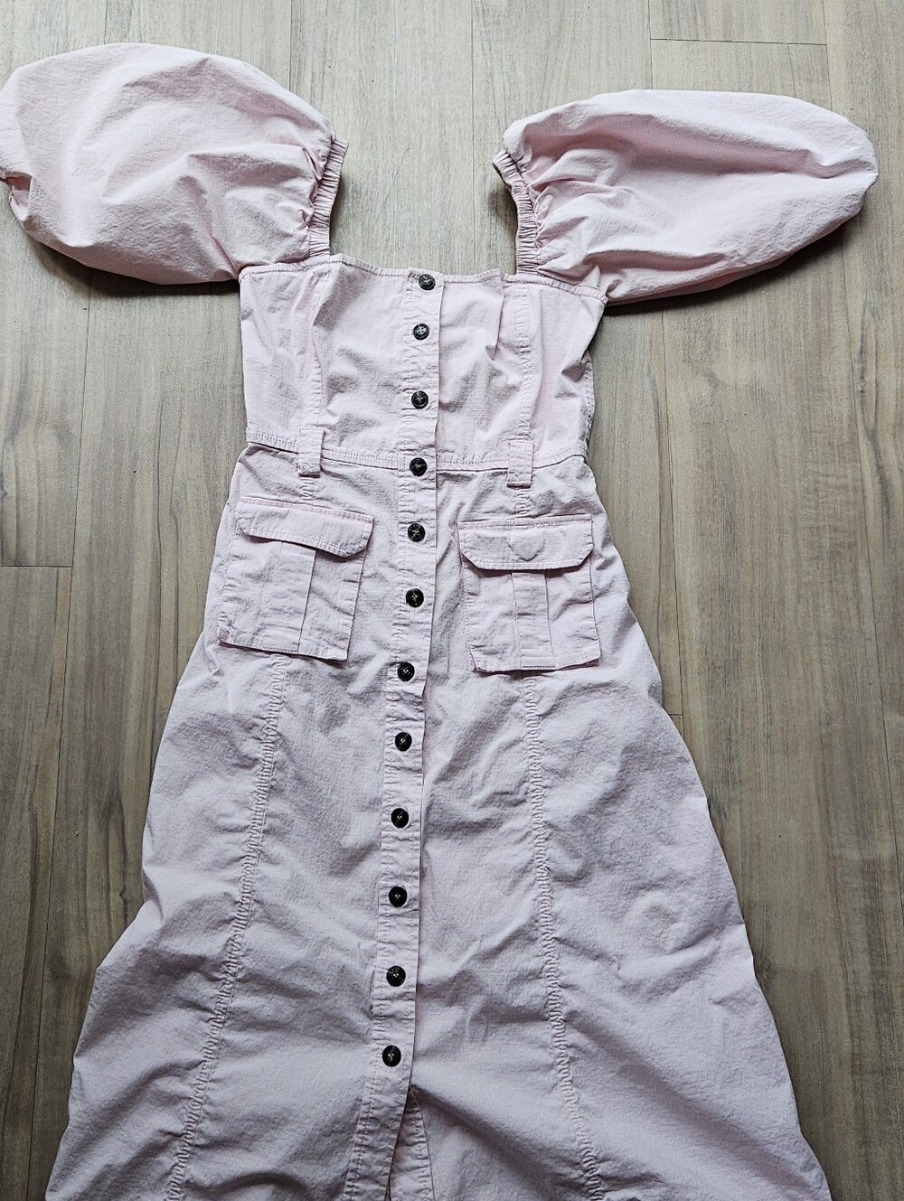 GANNI Cotton Blend Puff Sleeve Button-Front Ripstop Midi Dress Pink Size 34/US 2